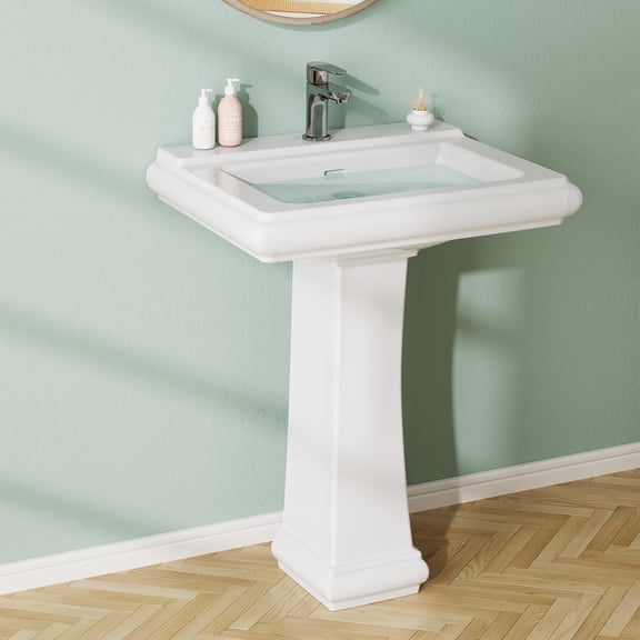 Senfot Rectangular Ceramic Pedestal Bathroom Sink White Porcelain Freestanding Sink with 1 Faucet Hole and Overflow Drain for Modern Bathroom White