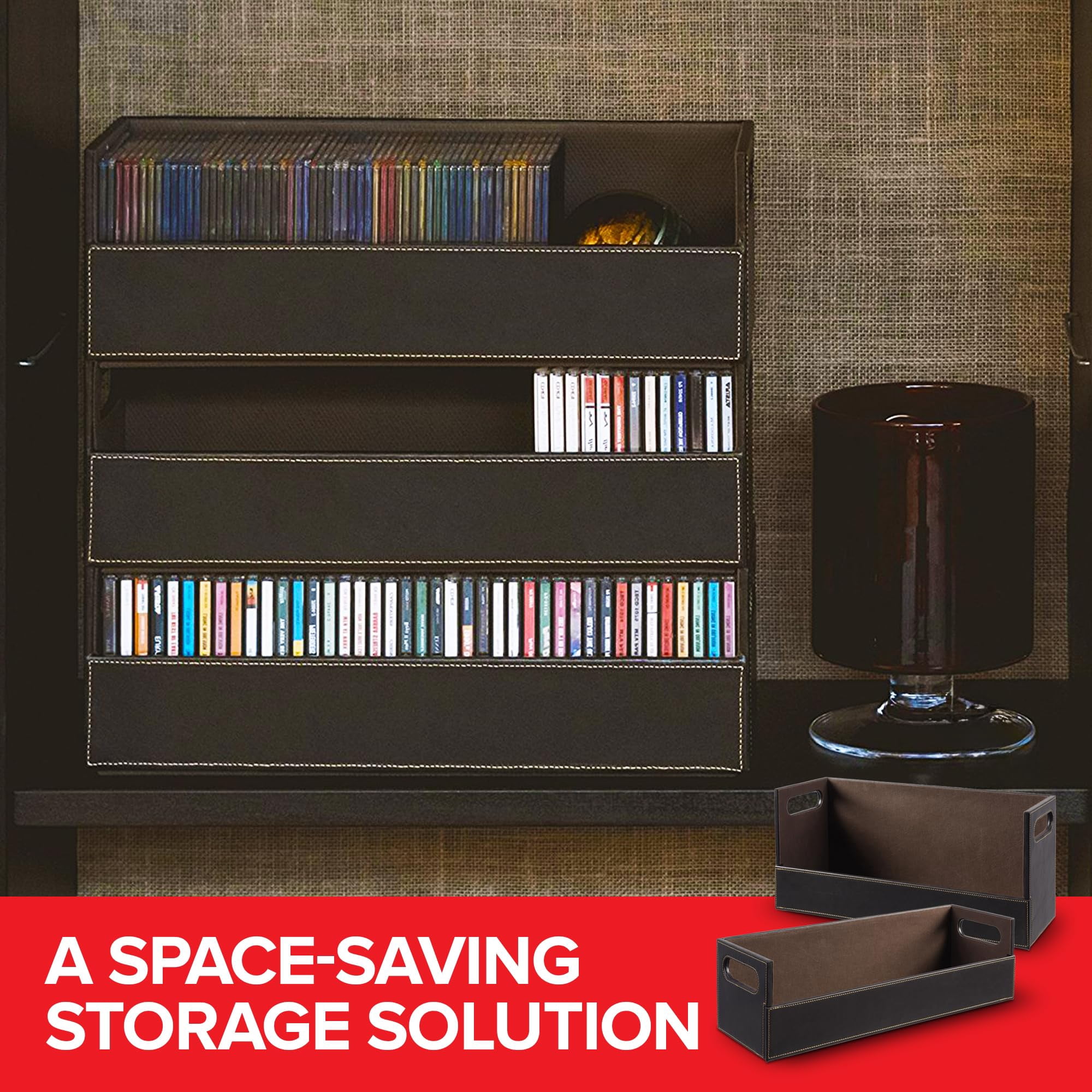 DVD & CD Storage Box, CD & DVD Storage Box, Movie Shelf Organizer for Blu-Ray, Video Game Cases, CDs, VHS Tape Display Stand, Disc Holder Can Store Up to 28 DVDs & 40 CDs, Faux Leather