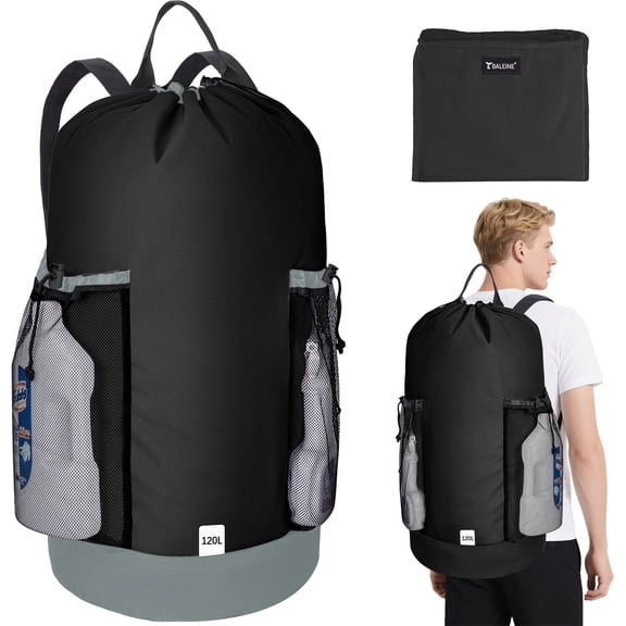 BALEINE 120L Laundry Bag Backpack, 900D Oxford Laundry Bag with Straps, Black