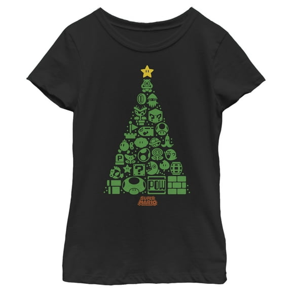Girl's Nintendo Christmas Tree Mosaic Graphic Tee Black Small