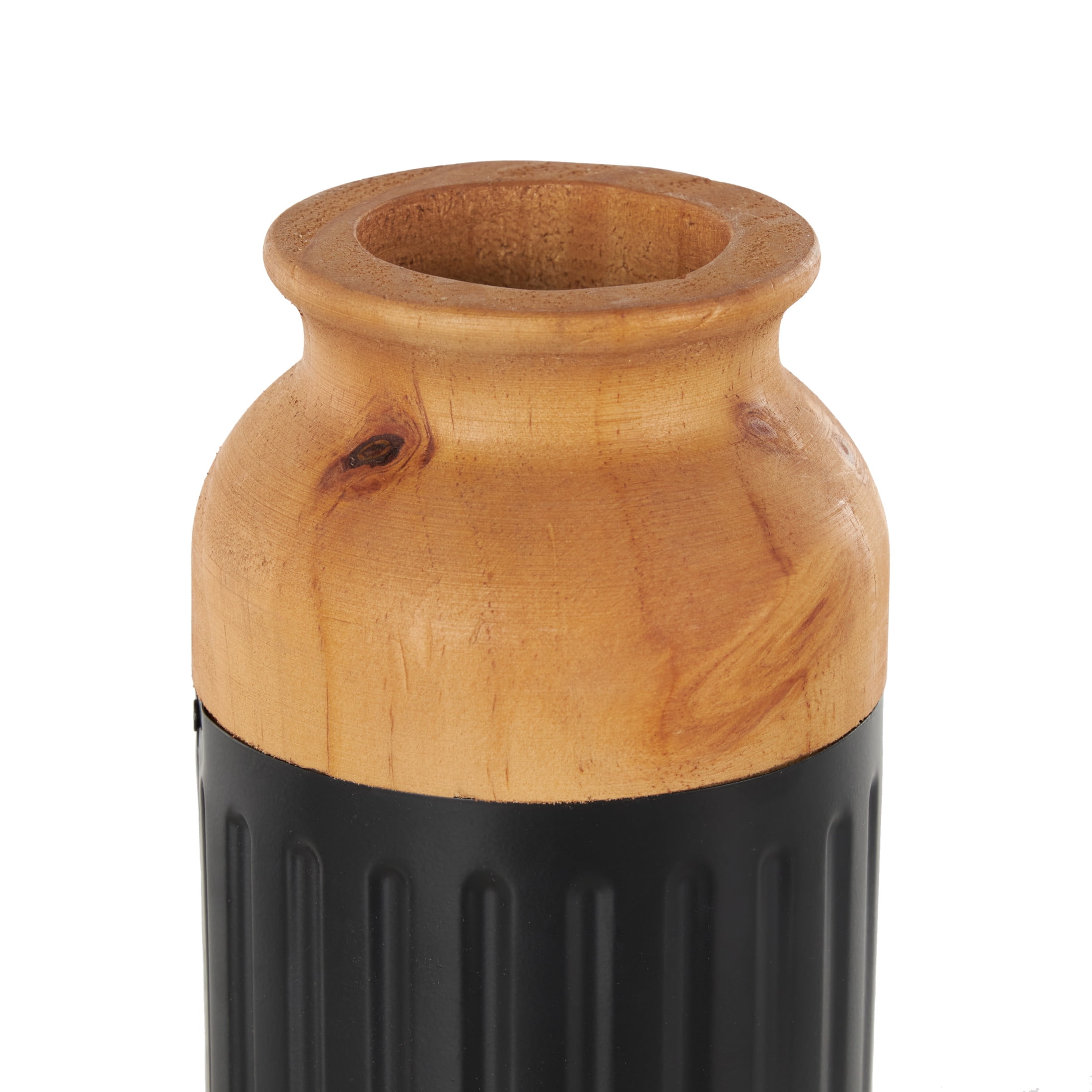 DecMode 11", 10"H Color Block Black Metal Vase with Rounded Linear Grooves and Brown Wood Tops, Set of 2