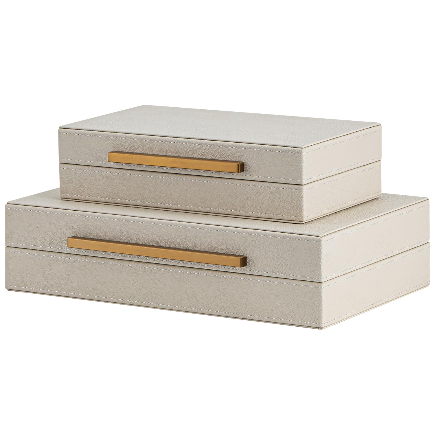 Set Of 2 Beige Shagreen Decorative Storage Boxes With Metal Handles - Faux Leather & Memory  Nesting Photo Organizers For Home Decor