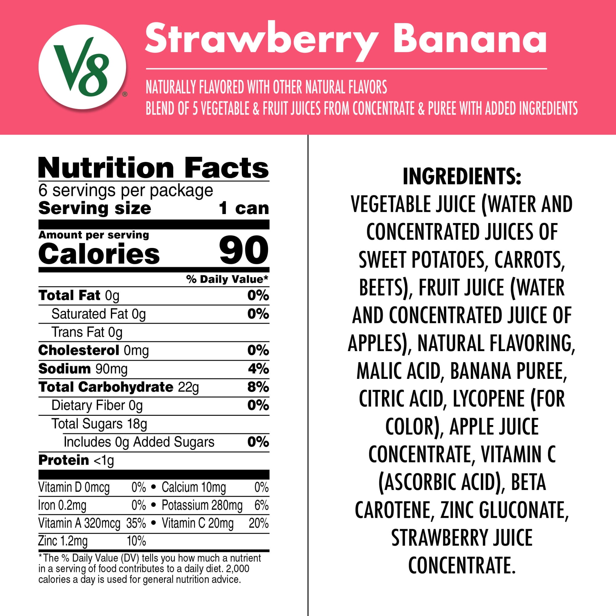 (4 pack) V8 Strawberry Banana 100% Fruit and Vegetable Juice, 8 fl oz Can (24 Pack)