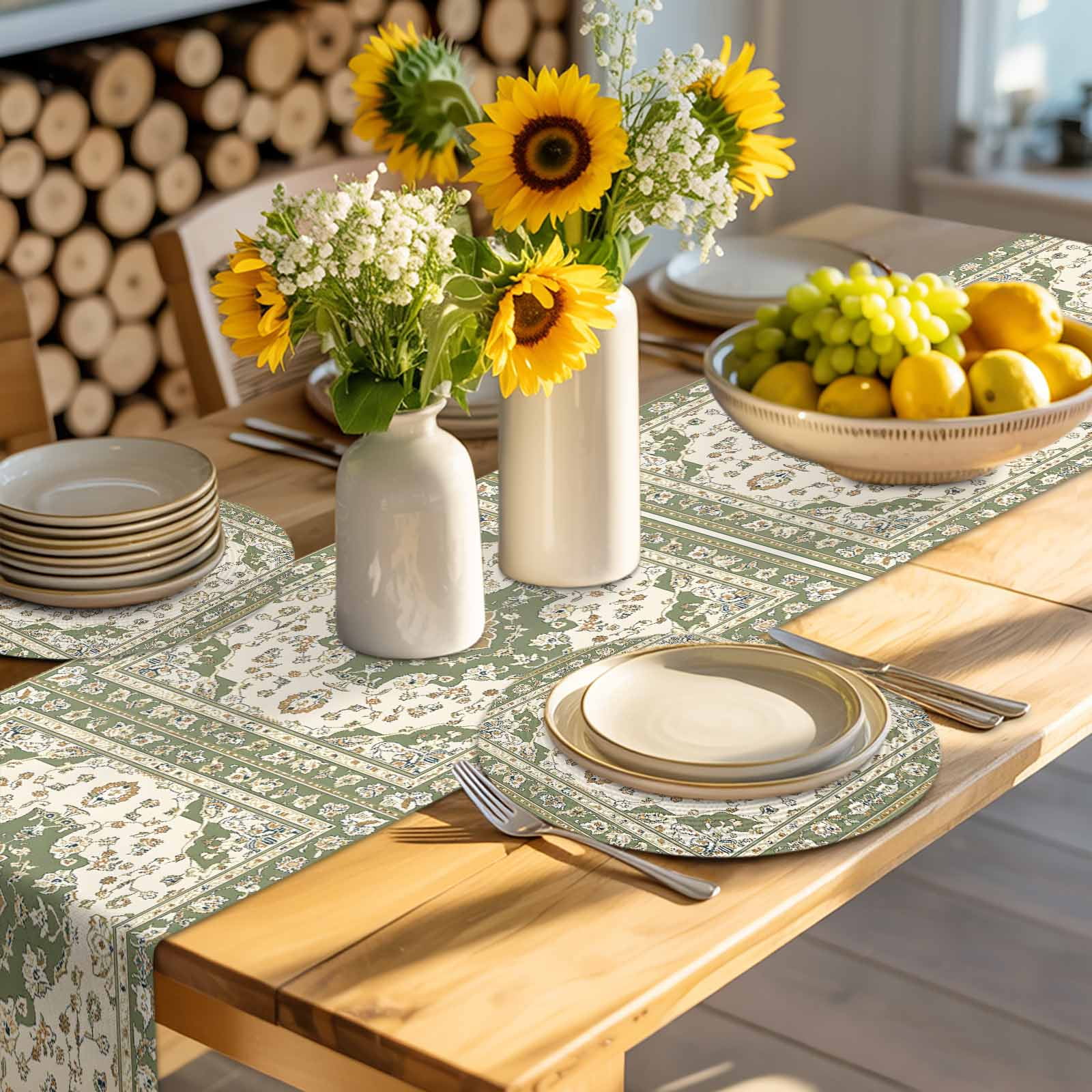 Boho Vintage Round Table Placemats set of 6, Ethnic Tribal Floral Pattern Washable Woven Place Mats for Dining Tables Kitchen Party Decor,Heat Proof, 15in, Green Beige