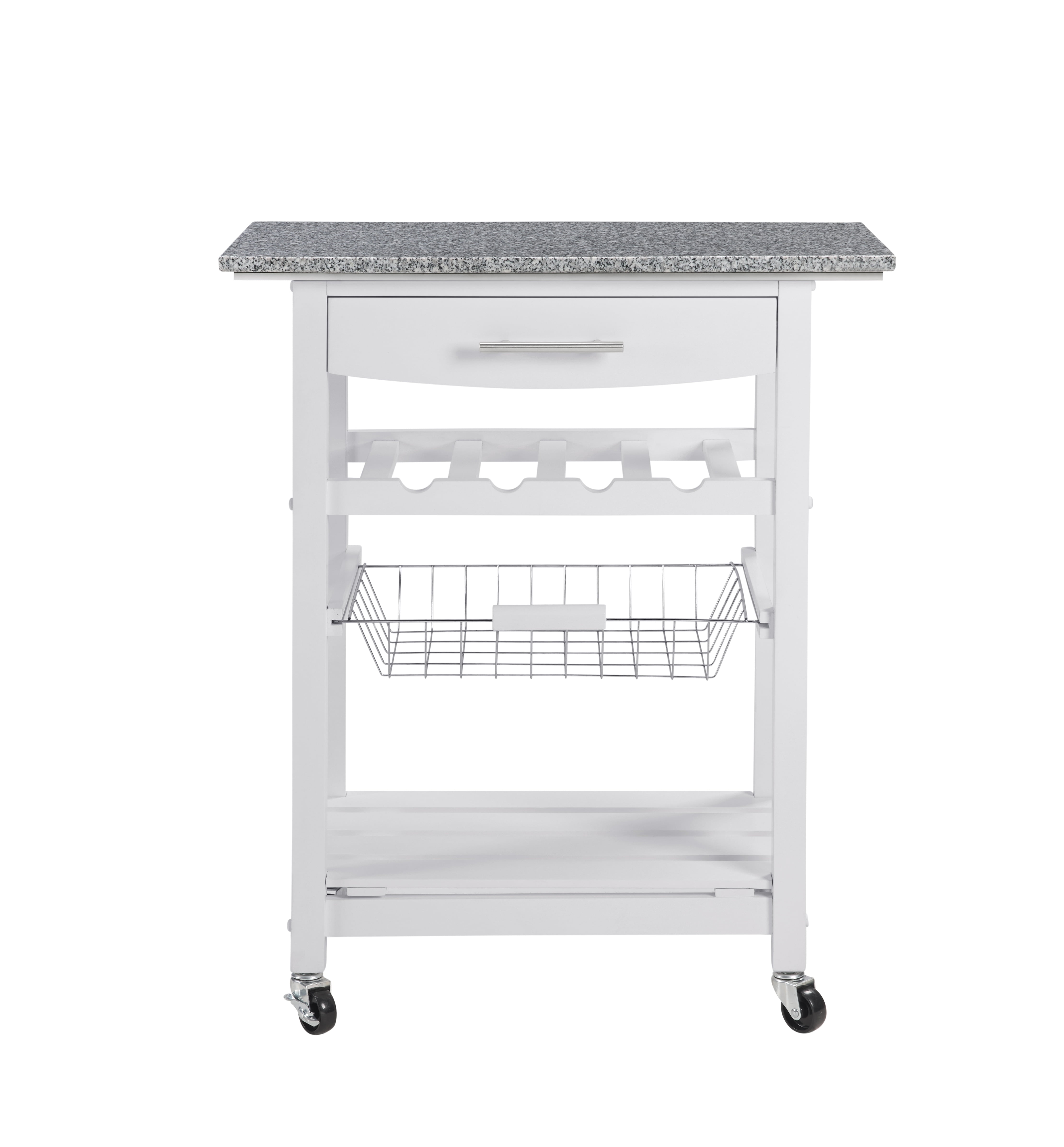 MAYEERTY Mobile Rolling Kitchen Island Trolley with Marble Top, Drawer & Storage Basket ,White
