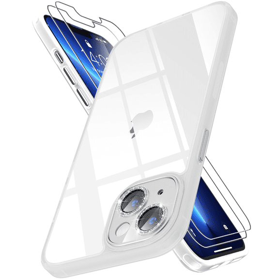 [2022 New] Meifigno Clear Glitter Case for iPhone 14 6.1 Inch with 2 Tempered Glass Screen Protectors, [Shiny Bling Sparkle Camera Lens] [Anti-Yellowing] TPU Slim Cover for Women Girls-White