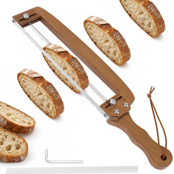 Adjustable Wooden Bread Bow Knife with Serrated Stainless Steel Blade, 7 Slice Thickness Settings, Beech Wood Bread Slicer for Sourdough, Homemade Bread, Artisan Loaves, Bagels and Baking