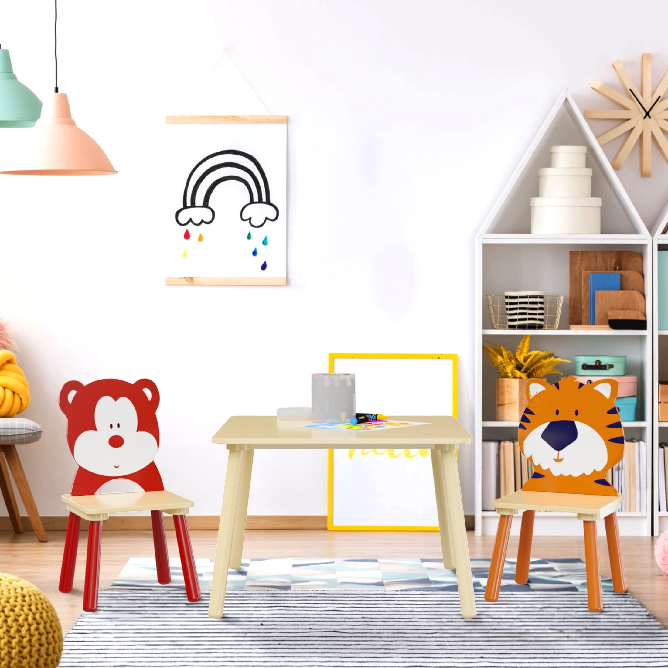 Aukfa Kids Table and Chairs Set, Wooden Play Table with 2 Cartoon Chairs for Toddlers, Girls, Boys
