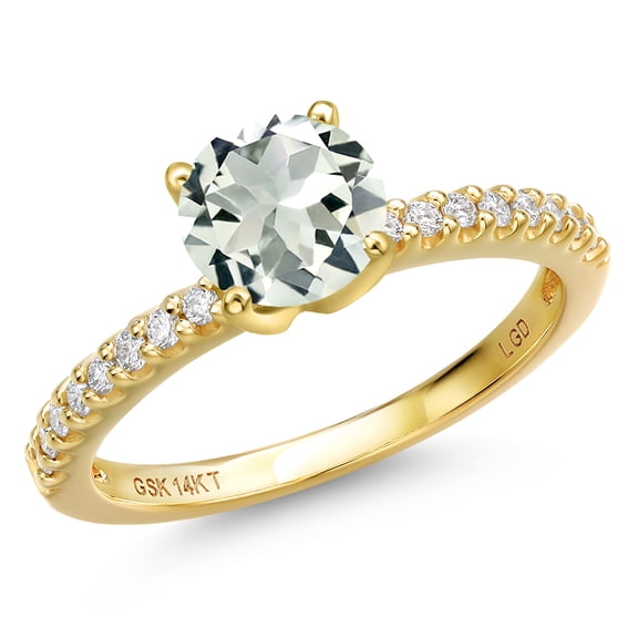 Gem Stone King 14K Yellow Gold Green Prasiolite and Lab Grown Diamond Engagement Ring for Women | 1.26 Cttw | Round 7MM | Gemstone Birthstone | Size 7