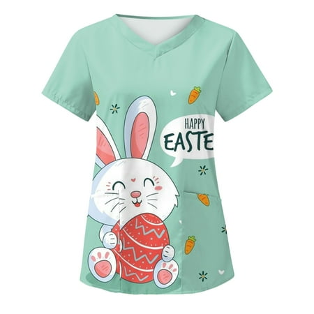 

Women s Happy Easter Day Scrub_Tops Short Sleeve Western Shirts Woman Summer Tunic Lady Work Blouses V Neck Workwear Nurse Uniform T Shirt Cute Bunny Rabbit Graphic Pattern Tees Vintage White XL