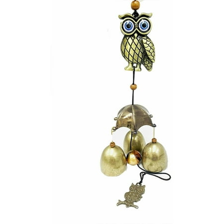 Yard Decor Wind Chime Evil Eyes Gold Owls Design w/ Brass Bells Hanging Ornament