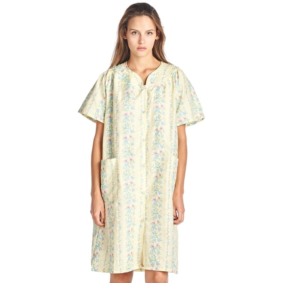 Casual Nights Women's Snap Front House Dress, Lightweight Short Sleeve Cotton-Poly Knit Duster Robe with Pockets, Mid-Calf, Yellow XX-Large
