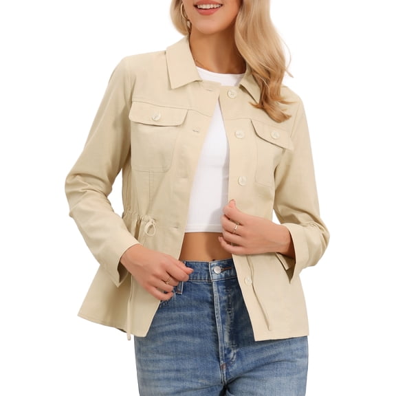 DARING DIVA Women's Button Down Drawstring Waist Lightweight Anorak XS Khaki