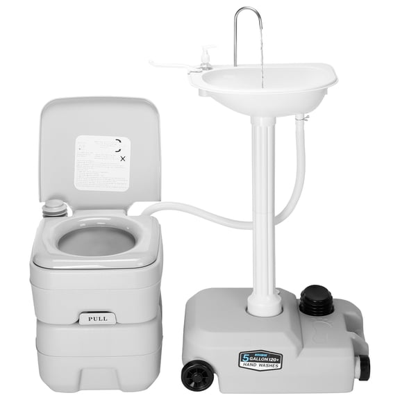 Kohree Portable Sink and Toilet Combo,5 Gallon Hand Washing Station with Large Wheels & 5.3 gallon Flushing Toilet, Detachable Wastewater Recycled for Outdoor Camping RV Travel Boat