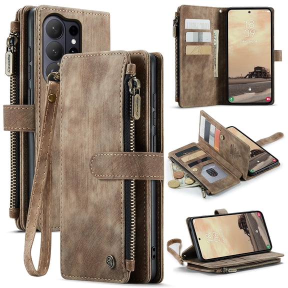 for Samsung Galaxy S26 Ultra Wallet Case with Card Slots, Leather Detachable Wristlet Strap 3-in-1 Zipper Pocket and Magnetic Flip Folio, RFID Blocking Card Holder Stand Case for Women and Men,Brown