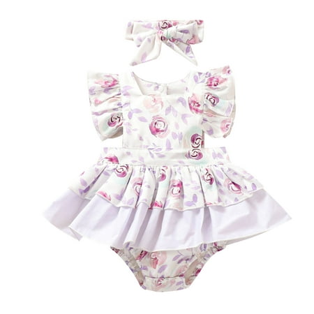 

TAIAOJING Baby Romper Outfits Falbala Flower Headbands Girls Ruffle Print Girls Romper&Jumpsuit One Piece Outfits 0-6 Months