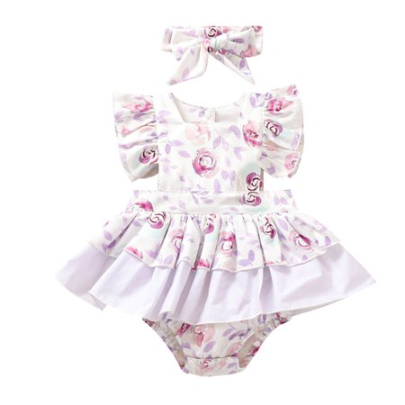 

Baby Girls Falbala Ruffle Flower Print Romper Headbands Outfits