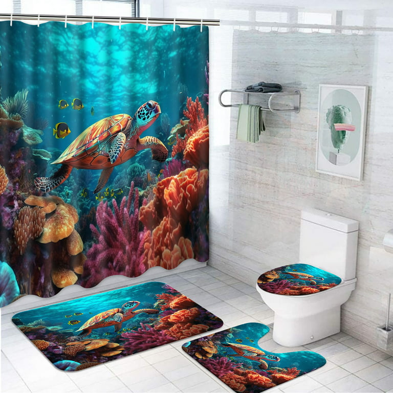 Futtumy 4 Pcs Bathroom Shower Curtain Sets, Polyester Shower Curtain Sets  with Bath Rugs, Ocean Coral Reef Sea Turtle Pattern Bathroom Sets Shower  Curtain and Rug Set 
