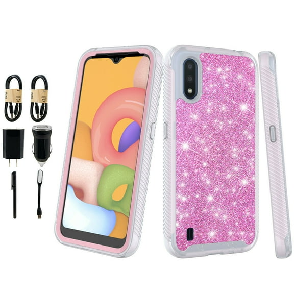 Value Pack and for Samsung Galaxy A01 015 Case Phone Case Dual Layer Glitter Full-Body Rugged Clear Back Case Drop Resistant Shockproof Case with Built In Screen Protector (Pink)