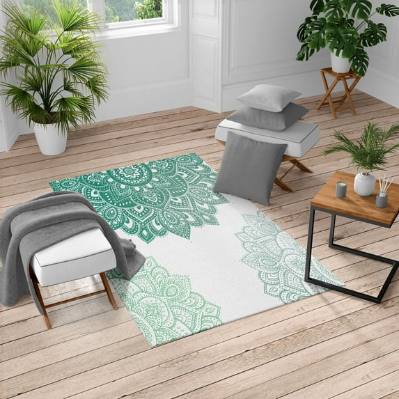 Flora Turkish Area Rug, South Mandala Design Vibrant Color Ornamental Illustration, Soft Carpet for Living Room Decor with Distressed Look, 6.6' X 9.6', Jade Green, by Ambesonne