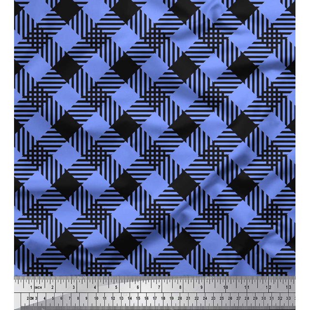 Soimoi Blue Poly Georgette Fabric Diagonal Check Print Fabric by the Yard 42 Inch Wide