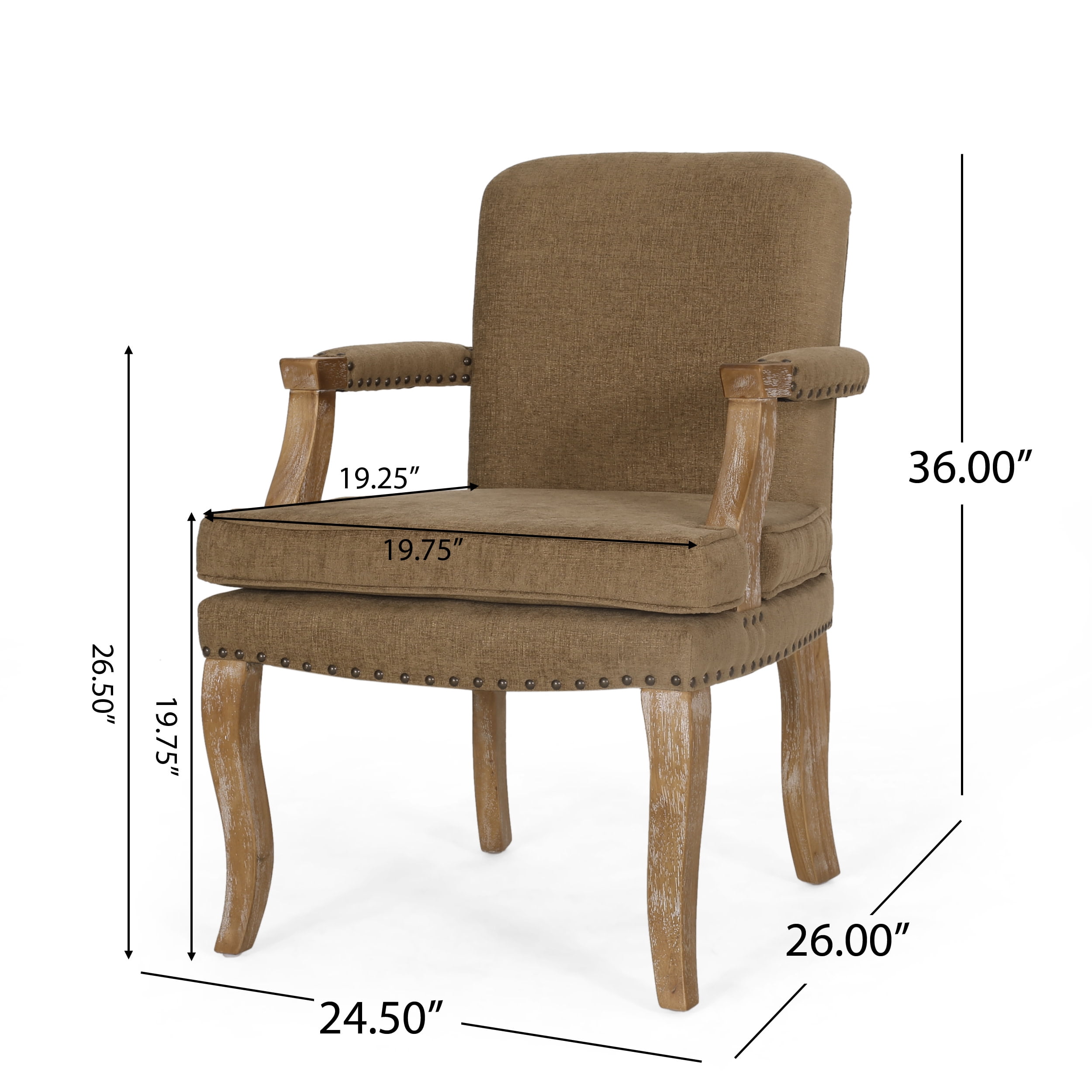 Noble House Ardson Fabric and Wood Dining Arm Chair with Nailhead Trim, Dark Beige and Natural Brown