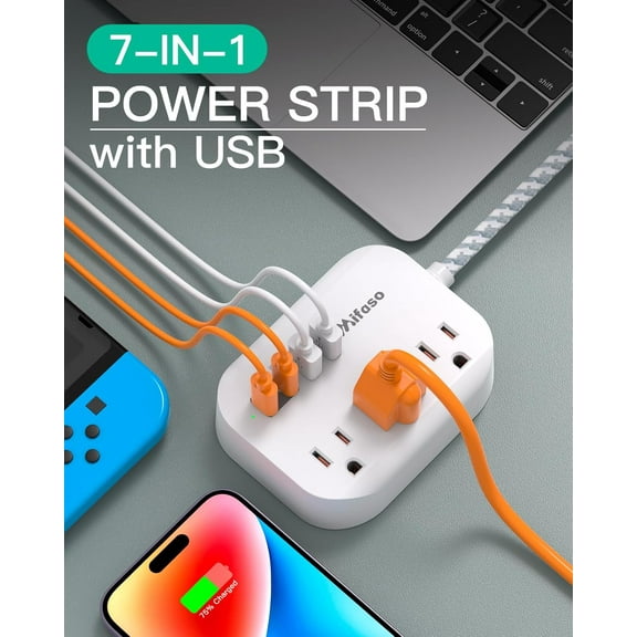 PYYAN-USB Power Strip, Flat Plug Power Strip Extension Cord with 3 Outlets 3 USB Ports(Smart 3.1A), 3ft Braided Power Cord, ETL Listed Compact for Cruise Ship, Travel, Home, Office