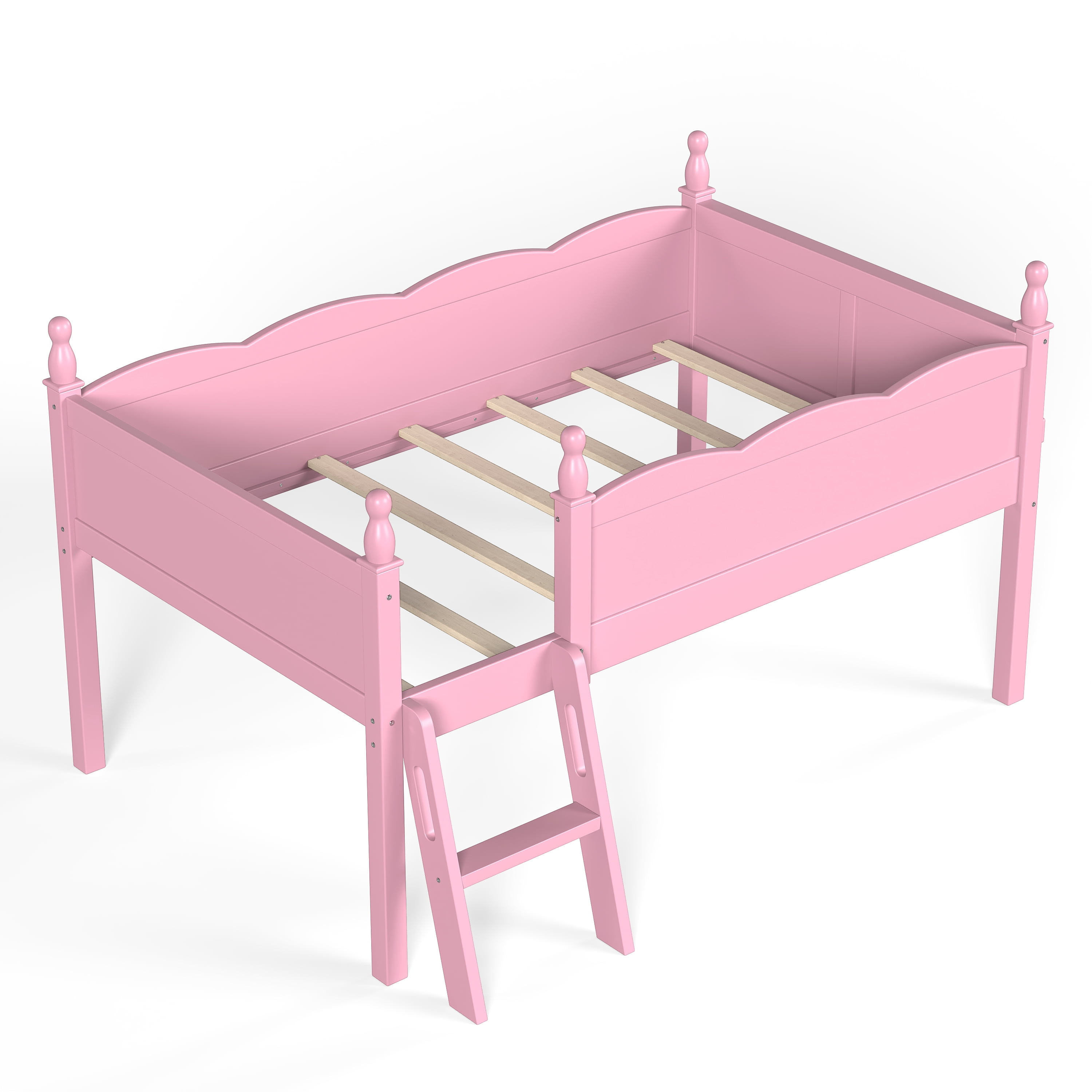 Safe Twin Size Low Loft Bed with Full-Length Guardrails and Bookshelf, Solid Wood Bed with Ladder for Kids and Teens, Pink