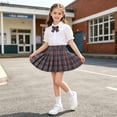 thumbnail image 5 of Cotton Two Piece Skirt Set for Girls Summer Puff Sleeve Collared Top Plaid Skirt Bow Tie Preppy School Uniform Outfit for Class Photos Party Recital, 5 of 6