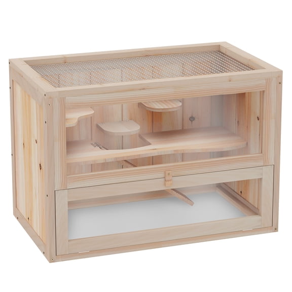 Hamster Cage 2 Level, Mice & Rat House Habitat, Guinea Pig Chinchilla Cage with Open Top & Front Door, Wood Small Animal Cage with Ladder