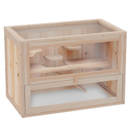 Hamster Cage 2 Level, Mice & Rat House, Small Animal Habitat for Guinea Pigs, Chinchillas, Wood Cage with Open Top, Front Door, Shelf & Ladder, Natural