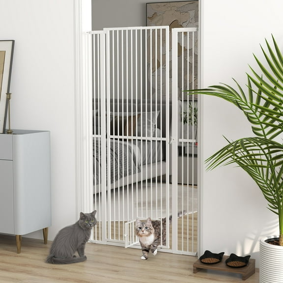 PawHut 67" Extra Tall Pet Gate for Cats, 30"-41" Dog Gate with Cat Door, 1.4" Narrow Gap, 2.8" and 5.5" Extension, for Doorway, Hallway, Stairway