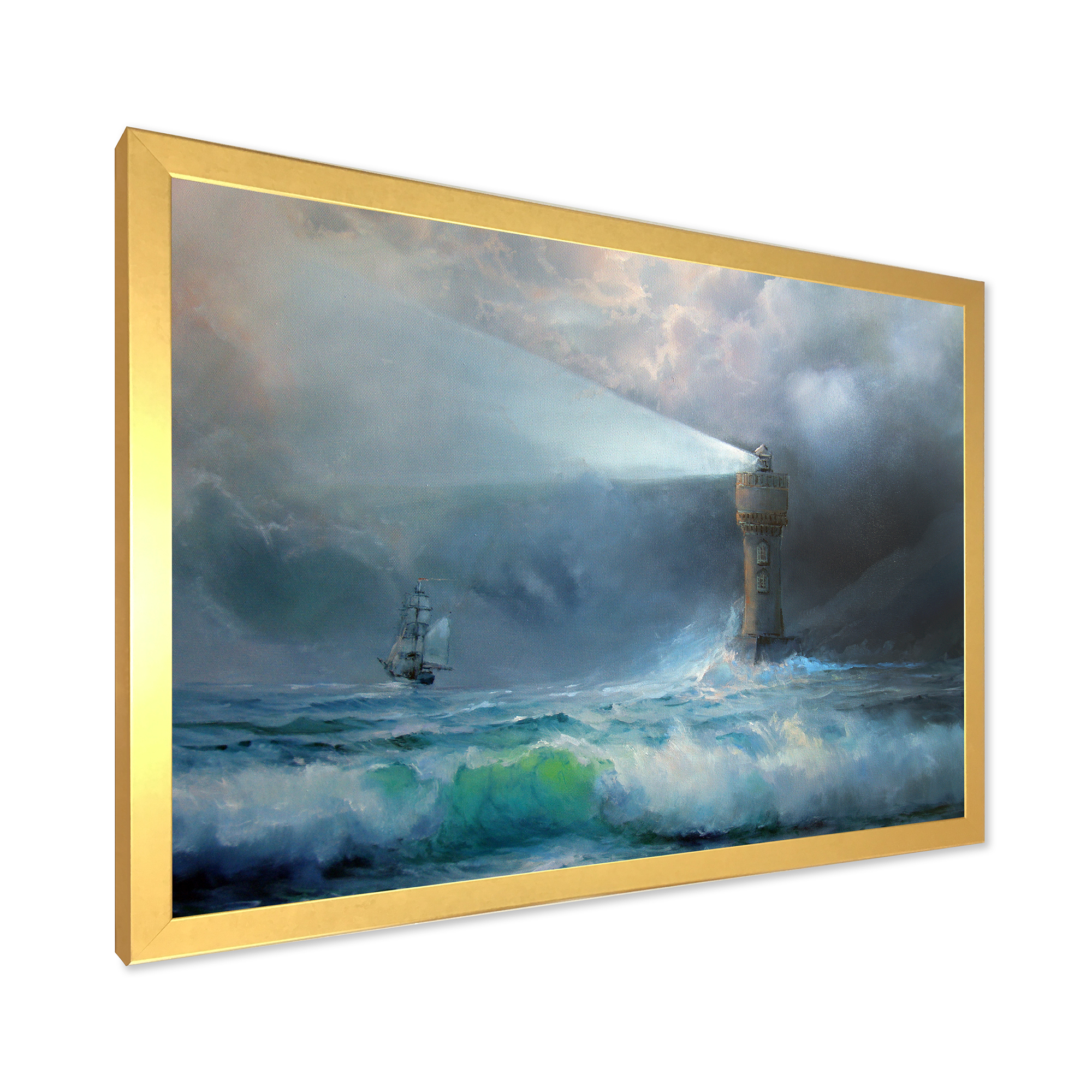 Lighthouse Shining Light During Stormy Clouds Night II 40 in x 30 in Framed Painting Canvas Art Print, by Designart