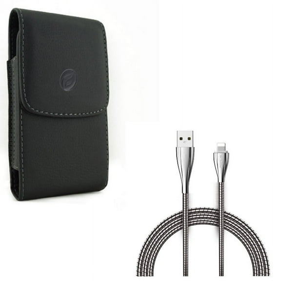 Black Vertical Leather Phone Case Side Cover Protective Pouch w Durable Metal Braided USB Cable Sync Charger Power Cord 6ft Long Wire R5L Compatible With iPhone XS X 8 7 6S 6 11 Pro