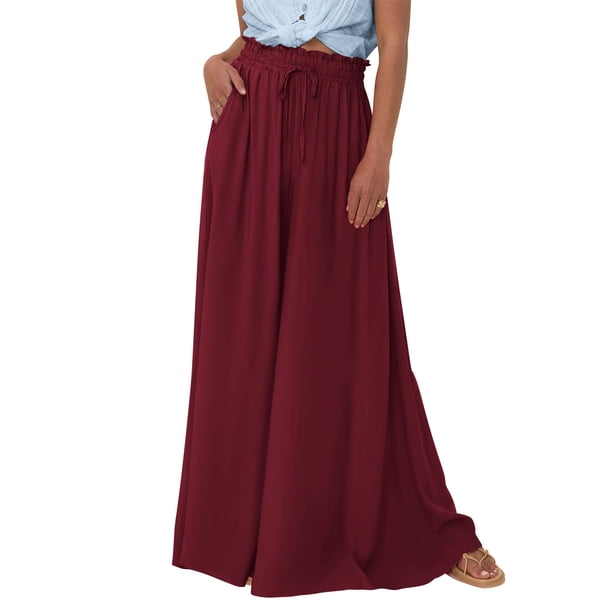 Pantalones PRETTYGARDEN Palazzo de Pierna Ancha Verano 2025 Rojo Vino Talle S
