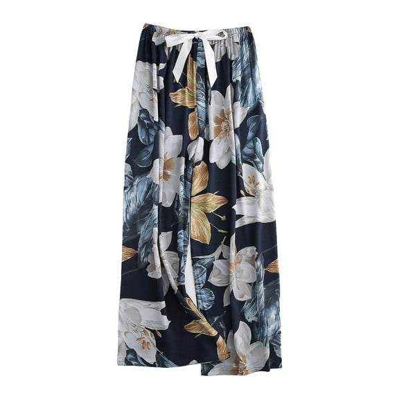 QYZEU Women's Clothes Casual Elastic Waist Cotton Silk Pajama Pants Thin Large Size Loose Fitting Floral Pattern Trousers Wide Leg Comfy Pants Blue One Size