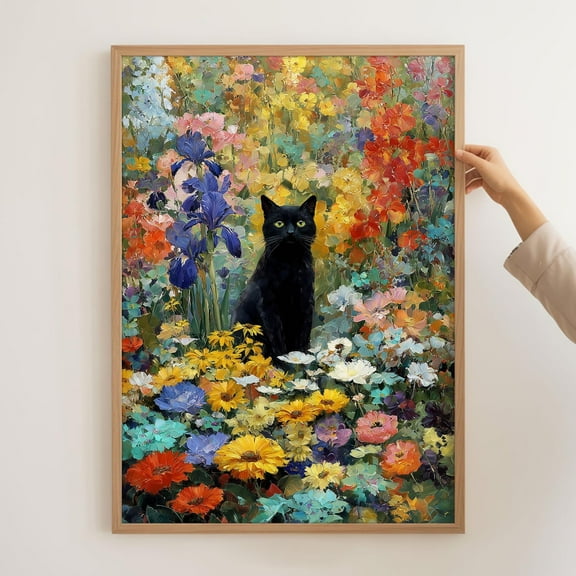 Klimt Floral Cat Poster | Gustav Klimt "The Garden" Print | Black Cat Art Wall Decor, Matte Canvas Stretched, Posters for Room Bedroom Living Room Bathroom Wall Decor, Posters & Art Prints, Gift.
