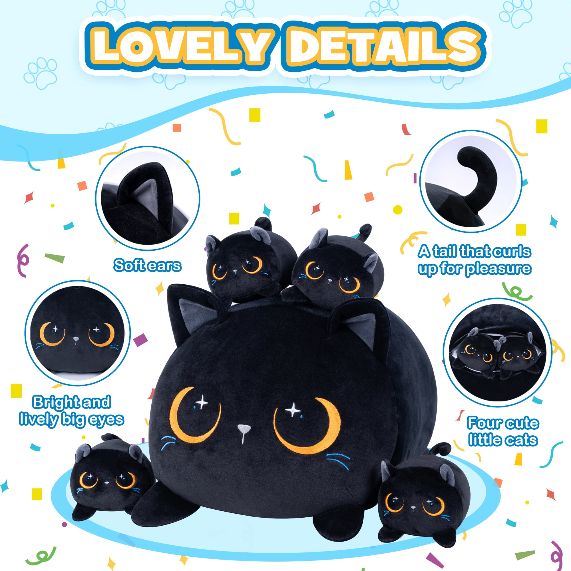 5Pcs Black Cat Stuffed Animal, Cats Mommy Plush Toy Set with 4 Baby, Soft Pillow, Christmas, Thanksgiving, Birthday Gift for Girls Boys Kids Decor