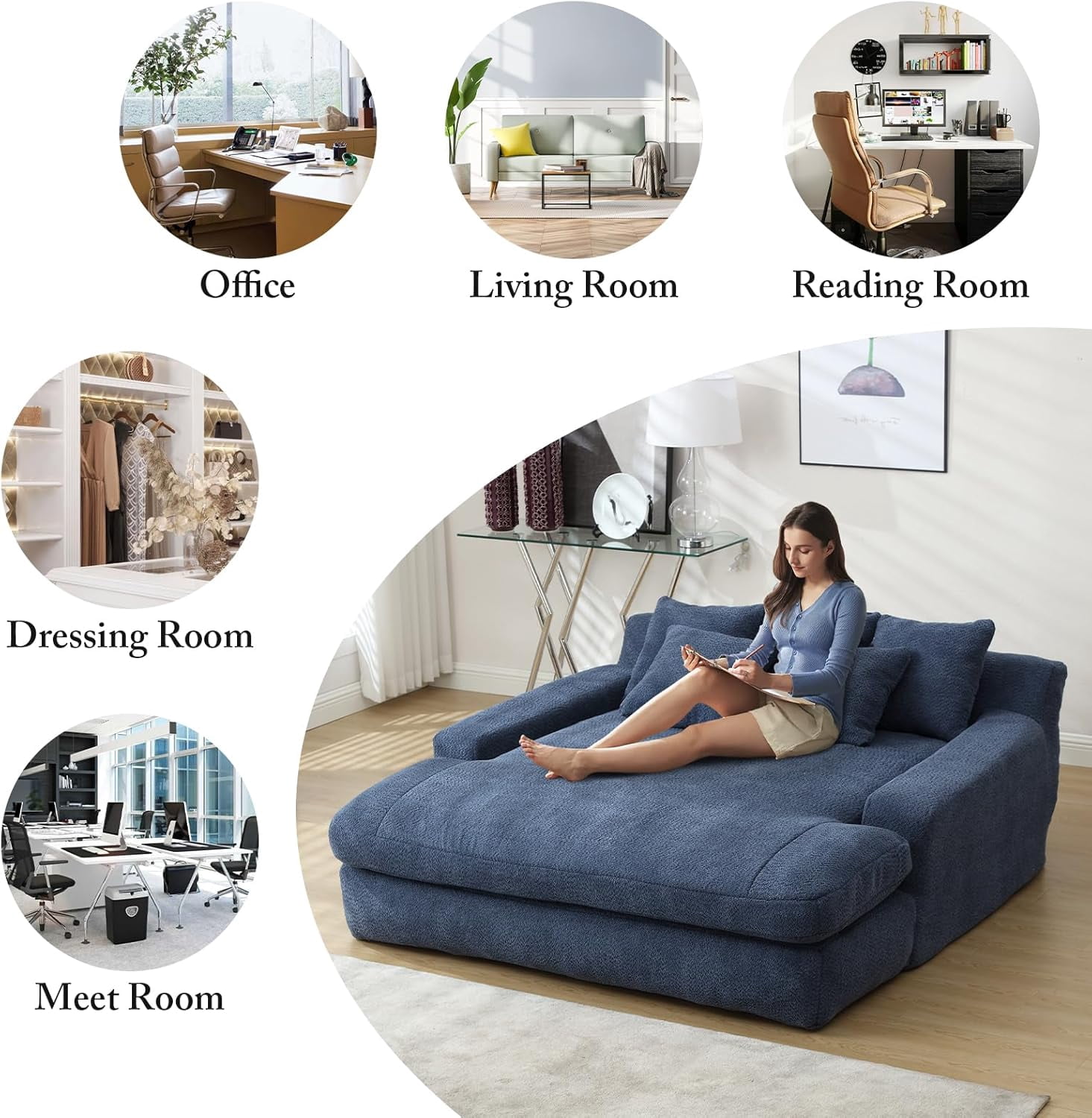 AENKYO Queen Size Sleeper Sofa Bed, Deep Seat Chaise Lounge w/5 Pillows,Space-Saving Multi-Functional Chenille Couch for Apartment Living - Blue
