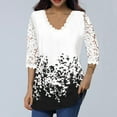 thumbnail image 2 of LEAVINGSUO Women's Plus Size Round Neck Long Sleeve Women's Lace 3/4 Sleeve V Neck T Shirt Ladies Floral Blouse Tunic Tops Plus Size, 2 of 4