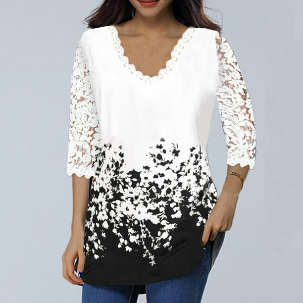 ICHUANYI Clearance Women's Lace 3/4 Sleeve V Neck T Shirt Ladies Floral Blouse Tunic Tops Plus Size(White, M) ICHUANYI WER2023080705846
