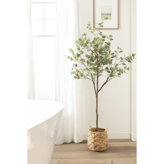 Kate and Laurel Eudora Modern Faux Eucalyptus Tree, 6 FT, Potted Artificial Tree Indoor with Realistic Foliage and Additional Decorative Moss, Fake Plant for Living Room Decor