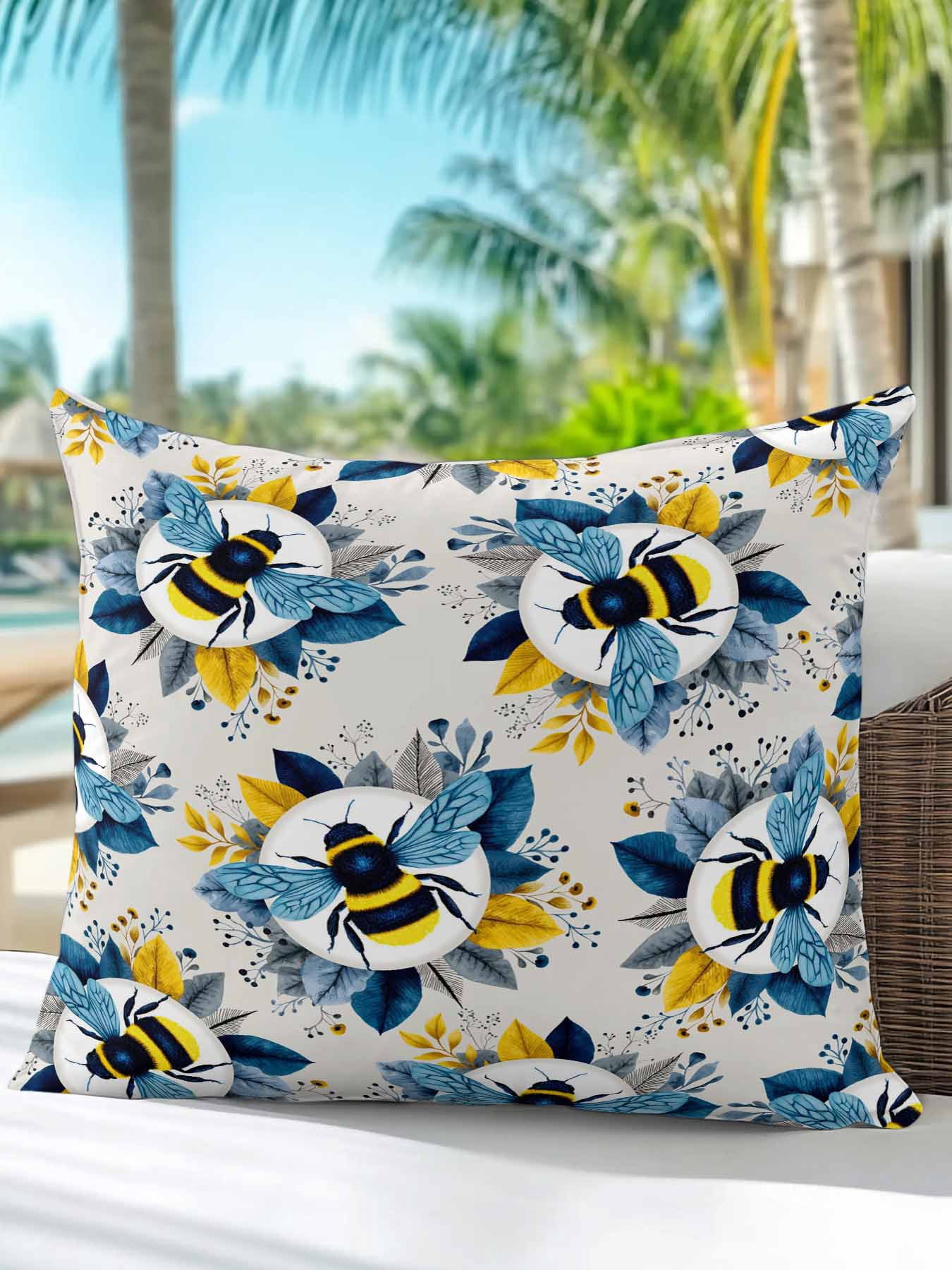 1 Pack Outdoor Throw Pillow, Gray Bees Farmhouse Waterproof Pillow with Insert Included, Spring Summer Botanical Flowers Decorative Accent Cushion Sofa Pillows for Patio Porch, 18 x 18 In