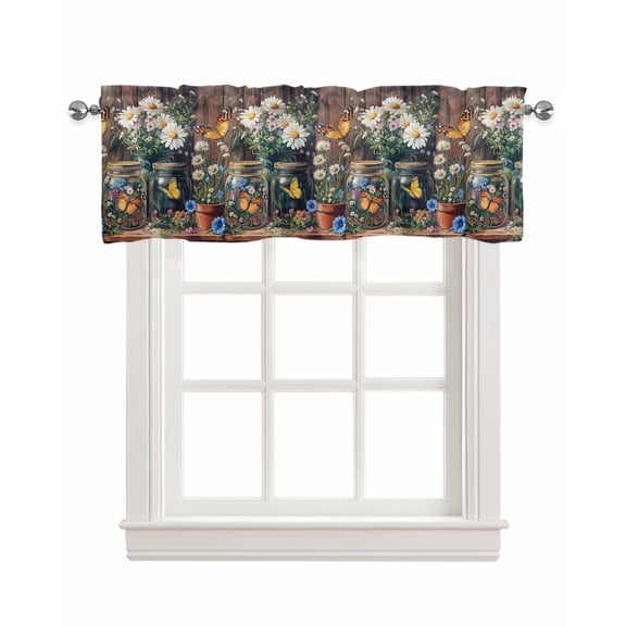 Butterfly Floral Kitchen Valances for Windows Farmhouse Linen Window Valance Curtain for Living Room Window Treatment Country Daisy Wildflower Brown Barn Door Valance Rod Pocket Topper, 42 x 12 Inch