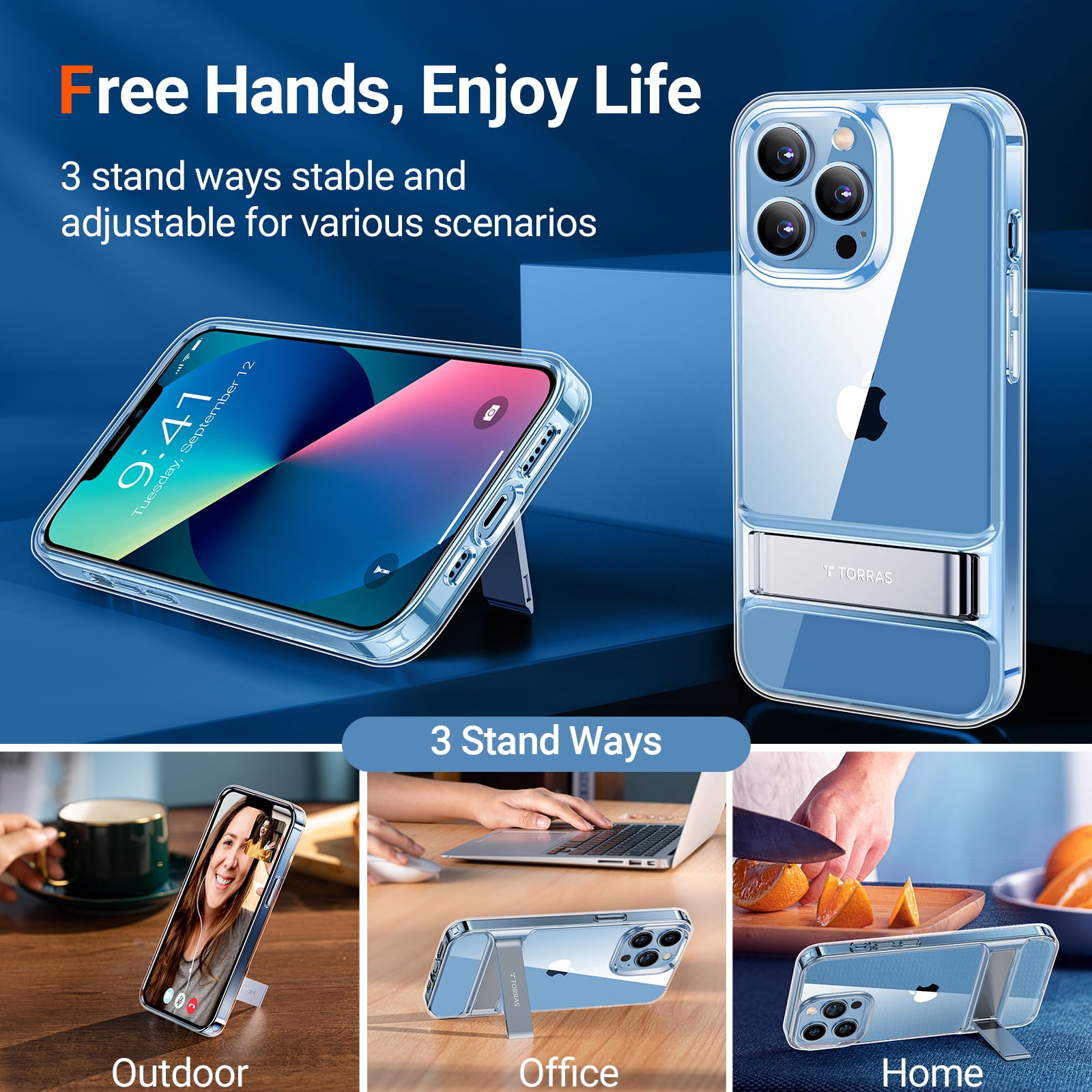 TORRAS MoonClimber Series for iPhone 13 Pro Case, [3-Way Stand] [6X Military Drop Shockproof], Clear