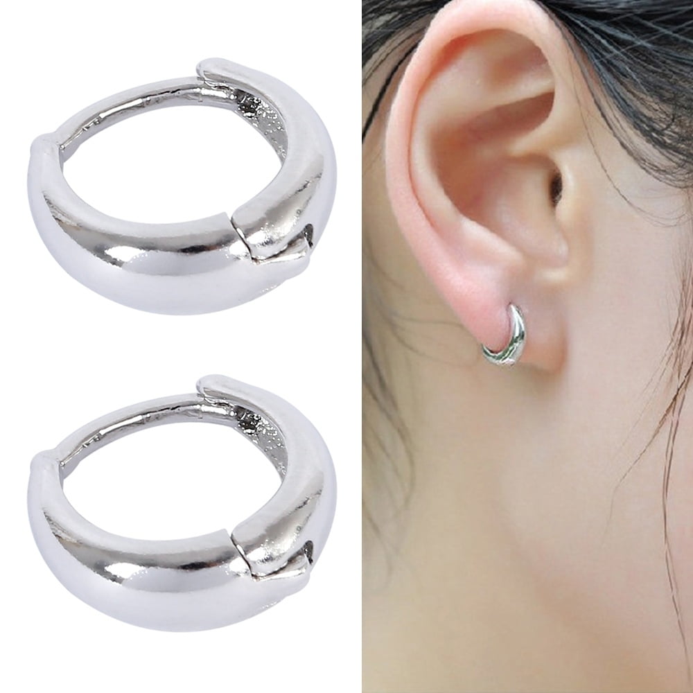 Small Round Crystal Hinged Huggie Hoop Earrings White Gold Filled Mens Womens 