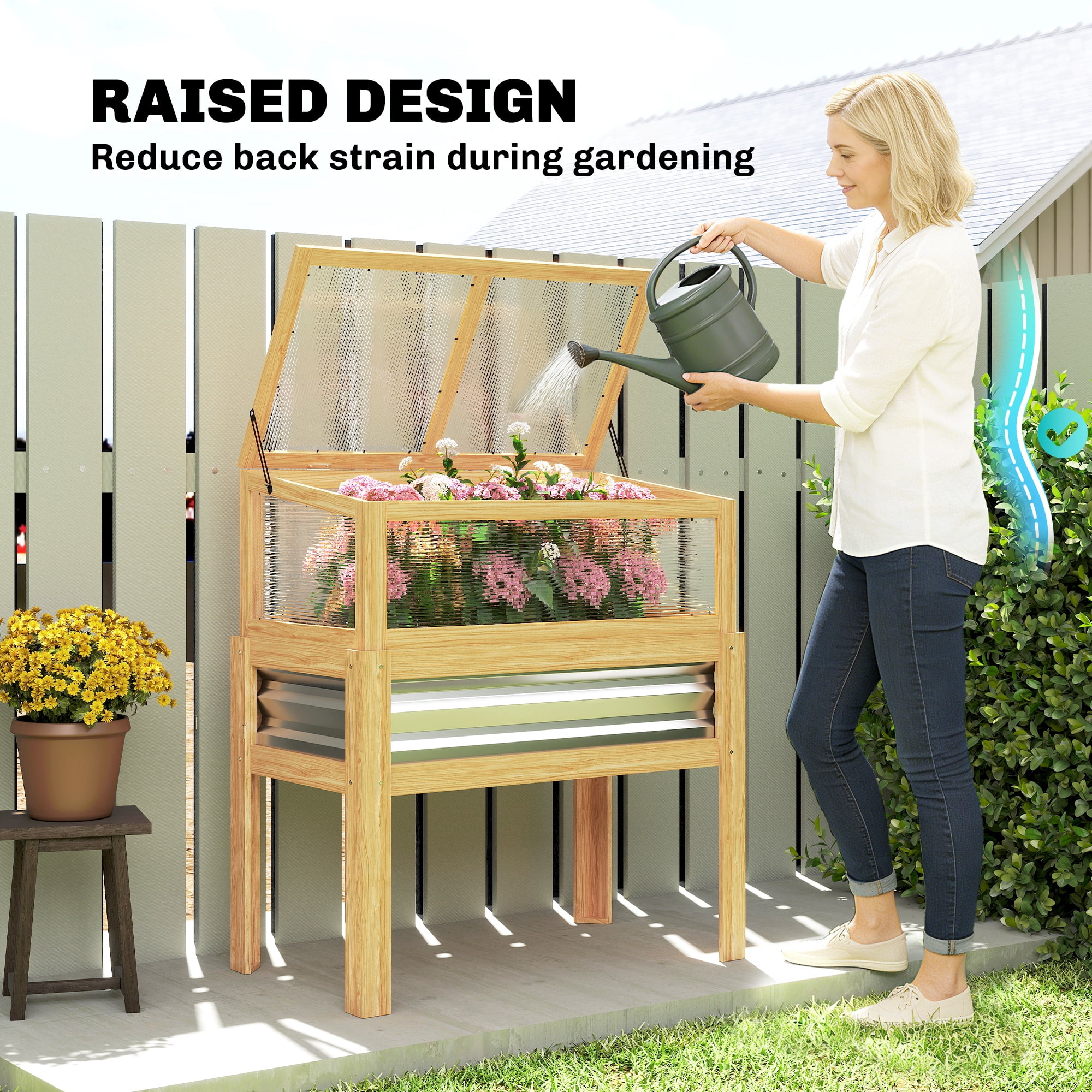 Outsunny Raised Garden Bed with Mini Greenhouse, Elevated Planter Box with Legs and Bed Liner for Flowers, Vegetables, Natural