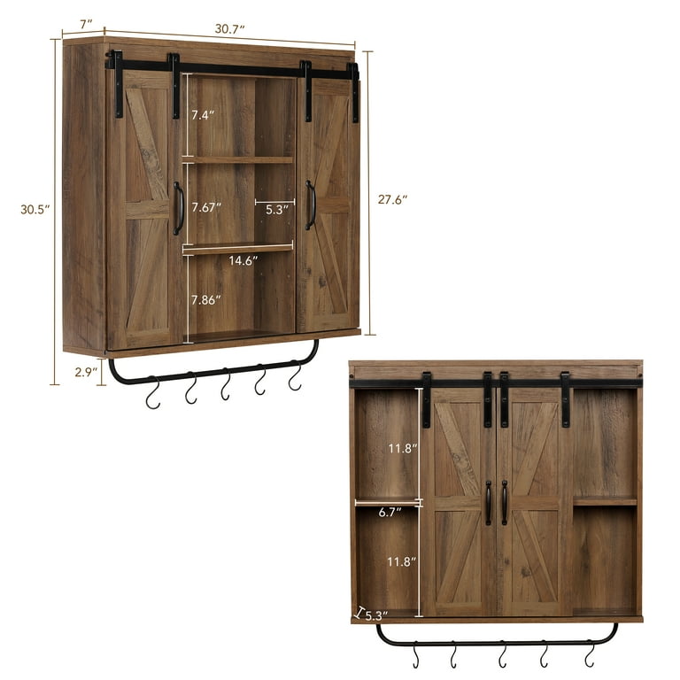 RUSTOWN Rustic Wood Wall Storage hot Cabinet with Two Sliding Barn Door, 3-Tier Deco