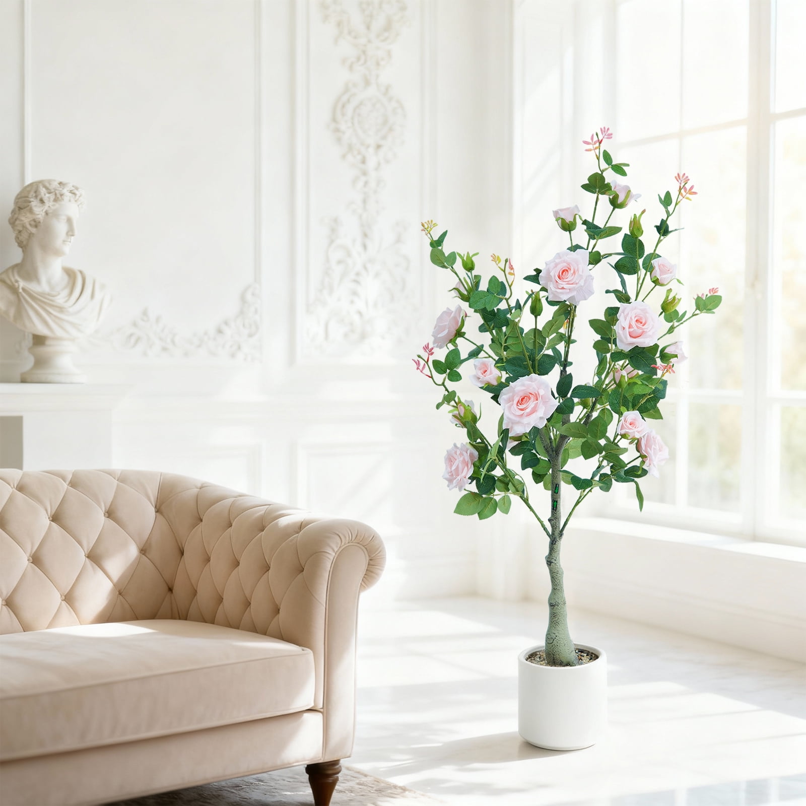 Lifelike & UV Resistant Artificial Rose Tree – 120cm Faux Plant with Silk Flowers & Plastic Leaves, White Pot, Easy Maintenance, Nordic Home/Office Décor