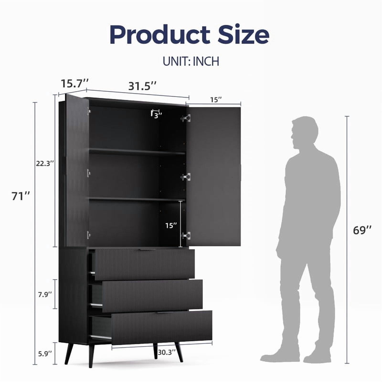 TOPCOMFY Modern Pantry Cabinet with 3 Drawers 2 Doors, Kitchen Storage Cupboard for Organization with Adjustable Shelves & Fluted Panel Design-Black